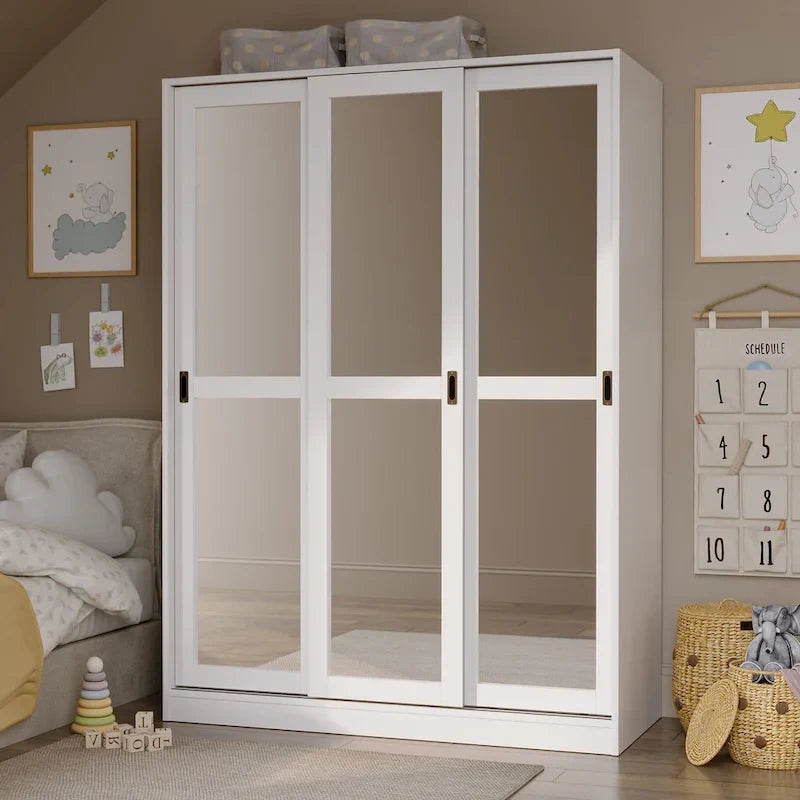 Palace Imports 100% Solid Wood Wall Closet System of Wardrobe Armoires with Mirrored, Louvered or Raised Panel Sliding Doors