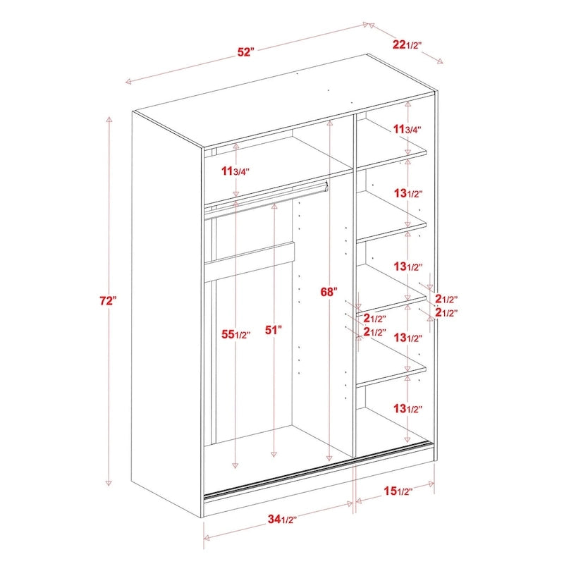 Palace Imports 100% Solid Wood Wall Closet System of Wardrobe Armoires with Mirrored, Louvered or Raised Panel Sliding Doors