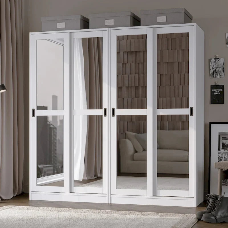 Palace Imports 100% Solid Wood Wall Closet System of Wardrobe Armoires with Mirrored, Louvered or Raised Panel Sliding Doors