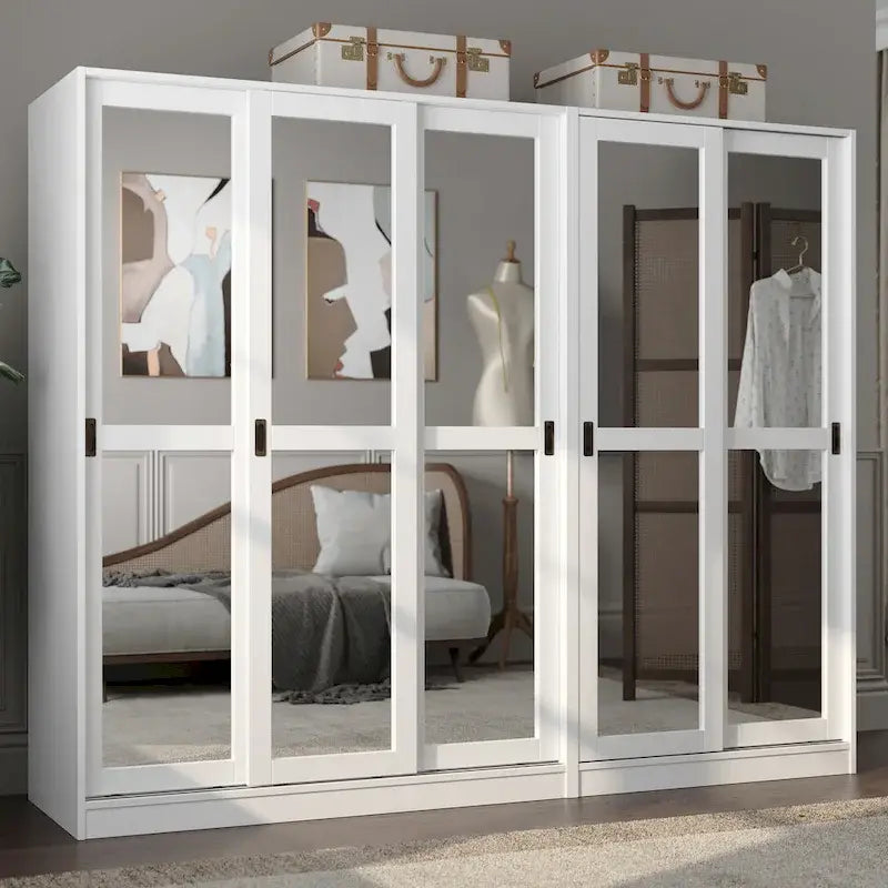 Palace Imports 100% Solid Wood Wall Closet System of Wardrobe Armoires with Mirrored, Louvered or Raised Panel Sliding Doors
