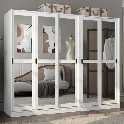 Palace Imports 100% Solid Wood Wall Closet System of Wardrobe Armoires with Mirrored, Louvered or Raised Panel Sliding Doors