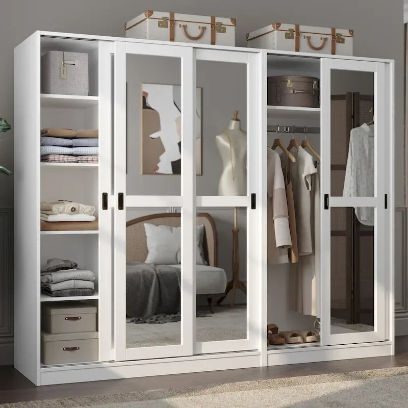 Palace Imports 100% Solid Wood Wall Closet System of Wardrobe Armoires with Mirrored, Louvered or Raised Panel Sliding Doors