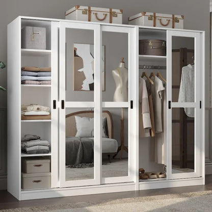 Palace Imports 100% Solid Wood Wall Closet System of Wardrobe Armoires with Mirrored, Louvered or Raised Panel Sliding Doors