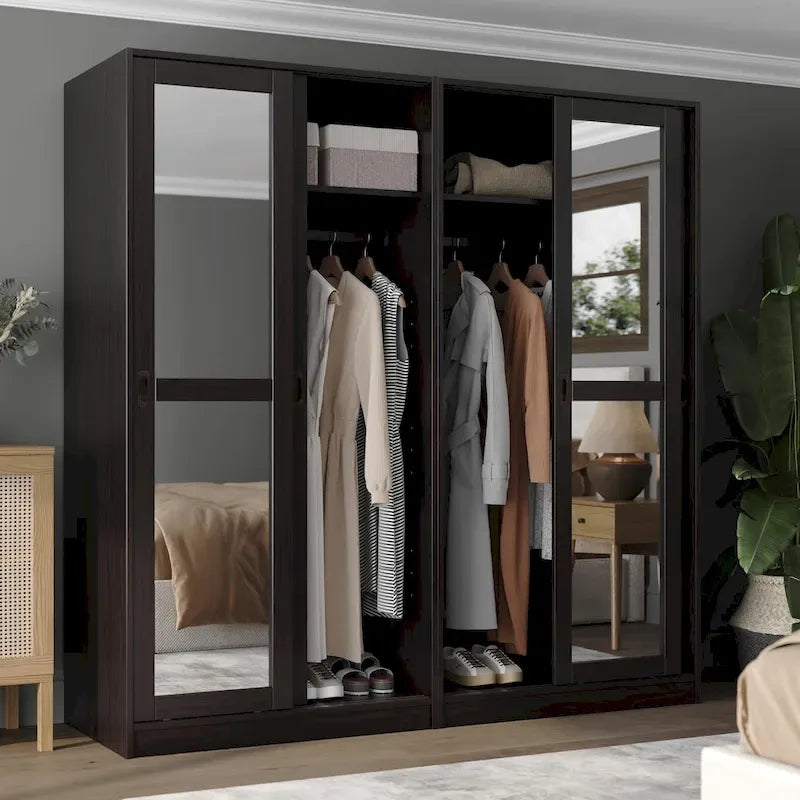 Palace Imports 100% Solid Wood Wall Closet System of Wardrobe Armoires with Mirrored, Louvered or Raised Panel Sliding Doors