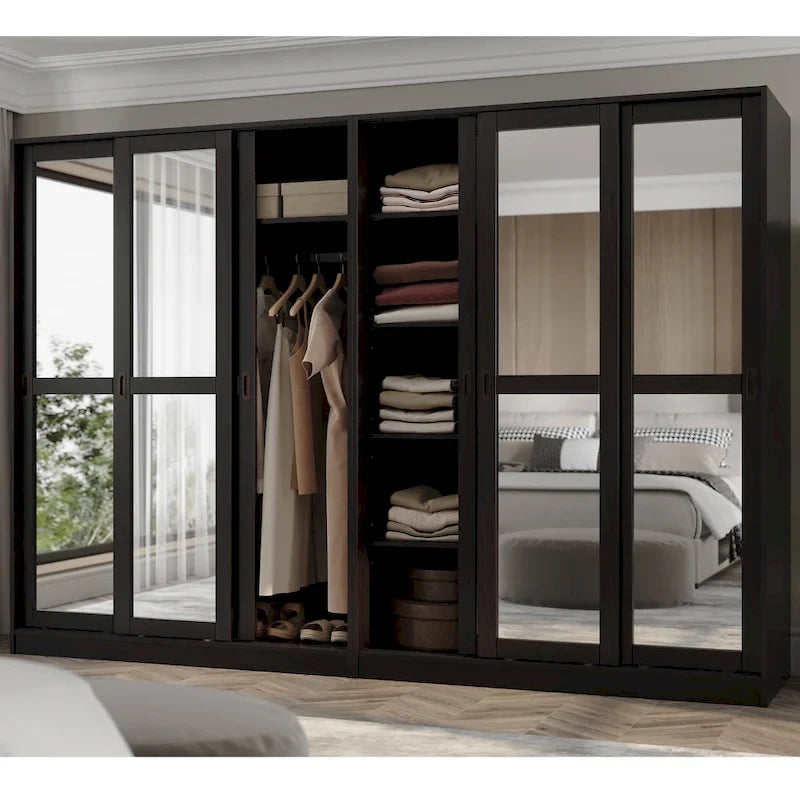 Palace Imports 100% Solid Wood Wall Closet System of Wardrobe Armoires with Mirrored, Louvered or Raised Panel Sliding Doors