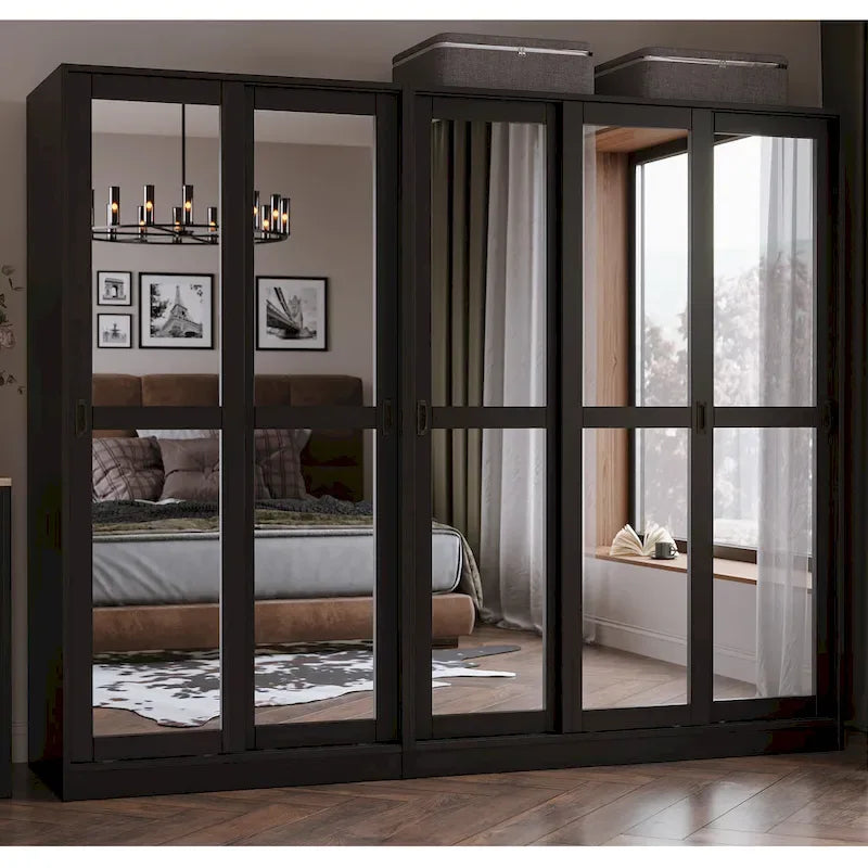 Palace Imports 100% Solid Wood Wall Closet System of Wardrobe Armoires with Mirrored, Louvered or Raised Panel Sliding Doors