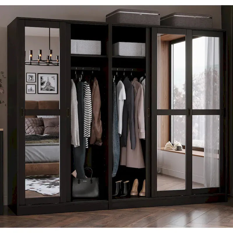 Palace Imports 100% Solid Wood Wall Closet System of Wardrobe Armoires with Mirrored, Louvered or Raised Panel Sliding Doors