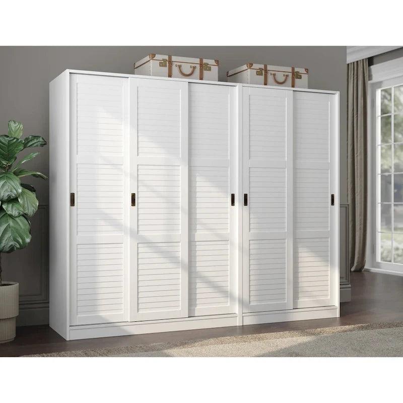 Palace Imports 100% Solid Wood Wall Closet System of Wardrobe Armoires with Mirrored, Louvered or Raised Panel Sliding Doors