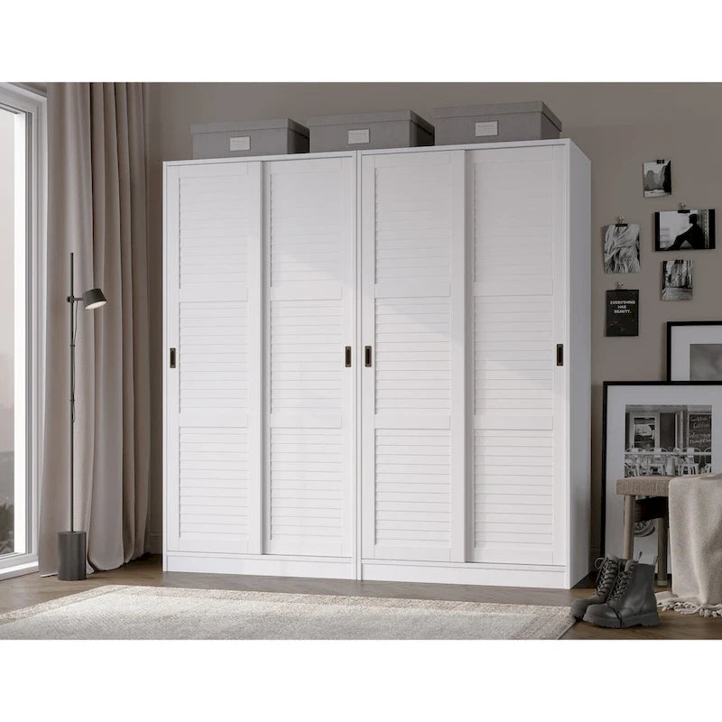Palace Imports 100% Solid Wood Wall Closet System of Wardrobe Armoires with Mirrored, Louvered or Raised Panel Sliding Doors