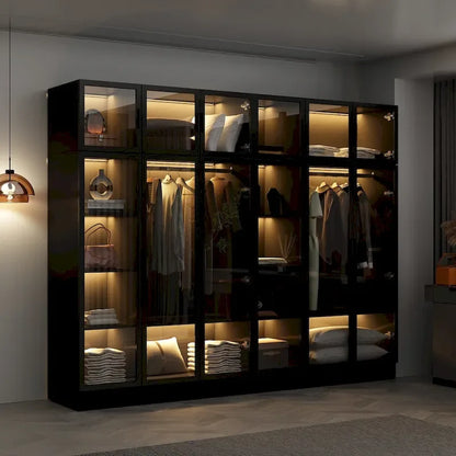 Glass Door Wardrobe Armoire Storage Closet with Light Display Cabinet