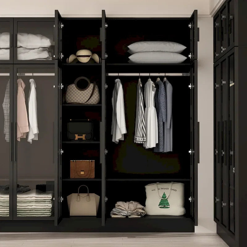 Glass Door Wardrobe Armoire Storage Closet with Light Display Cabinet