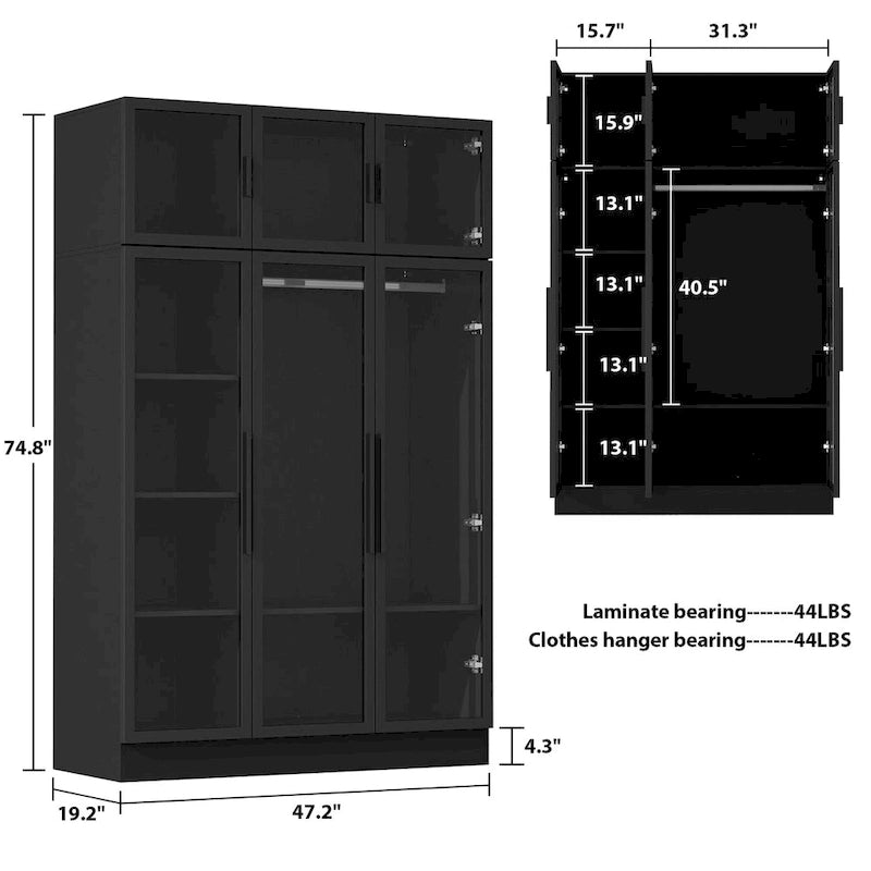 Glass Door Wardrobe Armoire Storage Closet with Light Display Cabinet