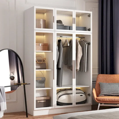 Glass Door Wardrobe Armoire Storage Closet with Light Display Cabinet
