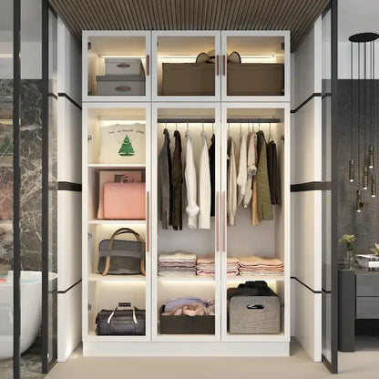 Glass Door Wardrobe Armoire Storage Closet with Light Display Cabinet
