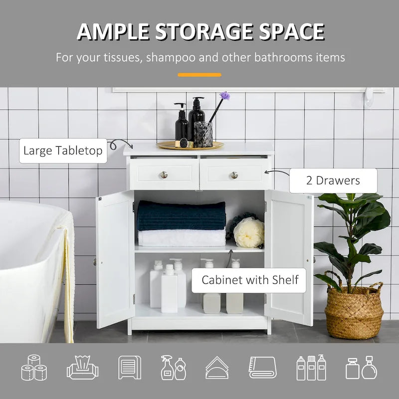 kleankin Freestanding Bathroom Storage Cabinet Organizer Floor Tower with 2 Door, 2 Drawers, Adjustable Shelf, White