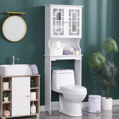 EROMMY Over-The-Toilet Storage, Wooden Bathroom Organizer, with 2 Glass Doors & Adjustable Shelf for Bathroom