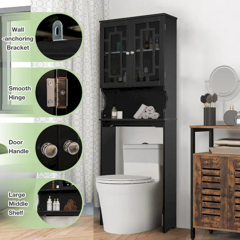 EROMMY Over-The-Toilet Storage, Wooden Bathroom Organizer, with 2 Glass Doors & Adjustable Shelf for Bathroom