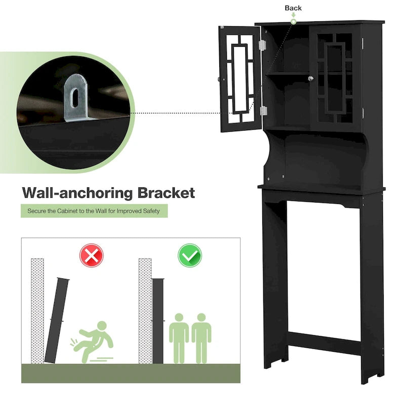 EROMMY Over-The-Toilet Storage, Wooden Bathroom Organizer, with 2 Glass Doors & Adjustable Shelf for Bathroom