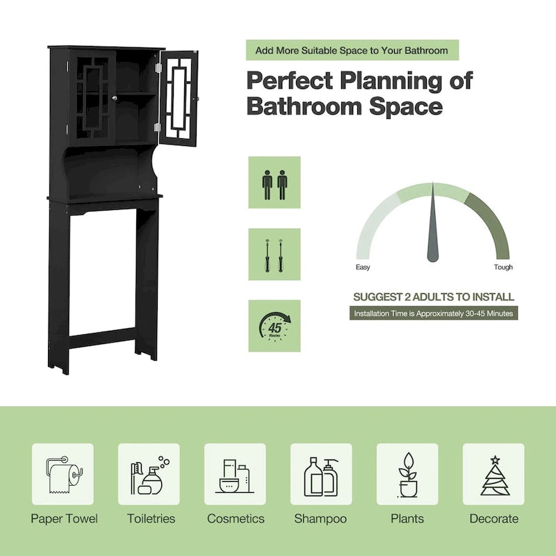 EROMMY Over-The-Toilet Storage, Wooden Bathroom Organizer, with 2 Glass Doors & Adjustable Shelf for Bathroom