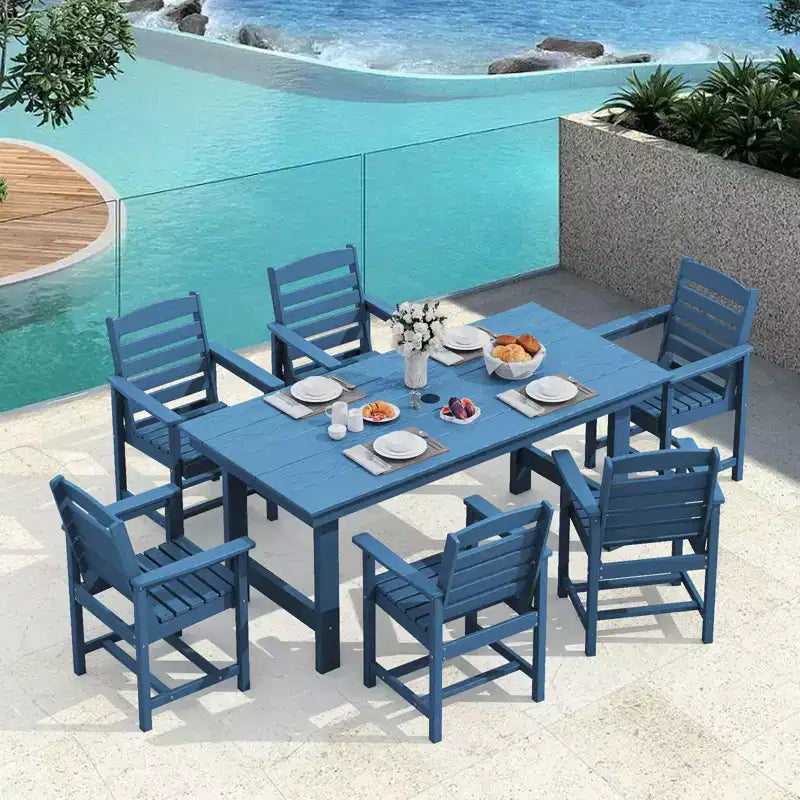 Hyleory 7pc Outdoor Dining Set, 66.9'' Rectangular Table w/Umbrella Hole and 6 Chairs