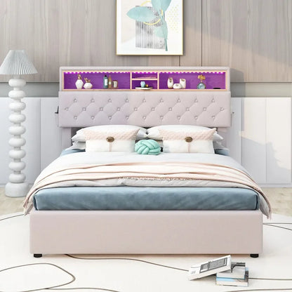 Full Size Upholstered Platform Bed with Storage Headboard, LED, USB Charging and 2 Drawers, Beige