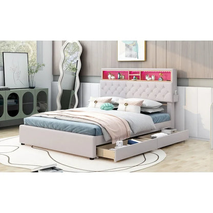 Full Size Upholstered Platform Bed with Storage Headboard, LED, USB Charging and 2 Drawers, Beige