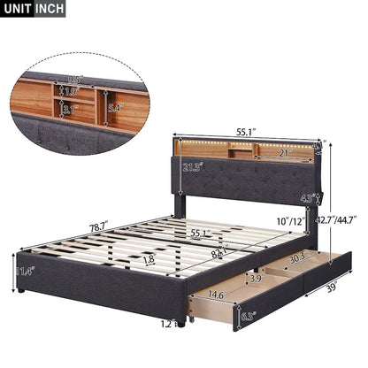 Full Size Upholstered Platform Bed with Storage Headboard, LED, USB Charging and 2 Drawers, Beige