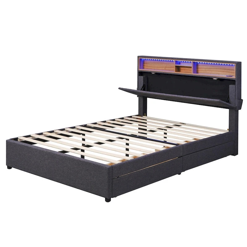 Full Size Upholstered Platform Bed with Storage Headboard, LED, USB Charging and 2 Drawers, Beige