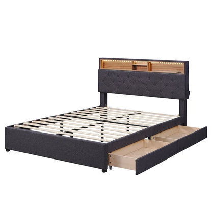 Full Size Upholstered Platform Bed with Storage Headboard, LED, USB Charging and 2 Drawers, Beige
