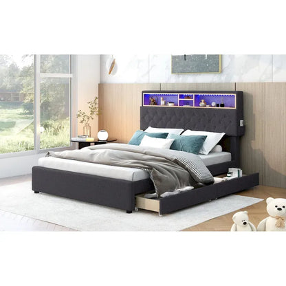 Full Size Upholstered Platform Bed with Storage Headboard, LED, USB Charging and 2 Drawers, Beige