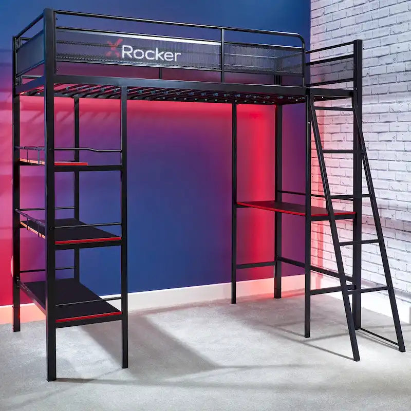 X Rocker Fortress Black Gaming Bunk w/ Built-in Desk and Shelves