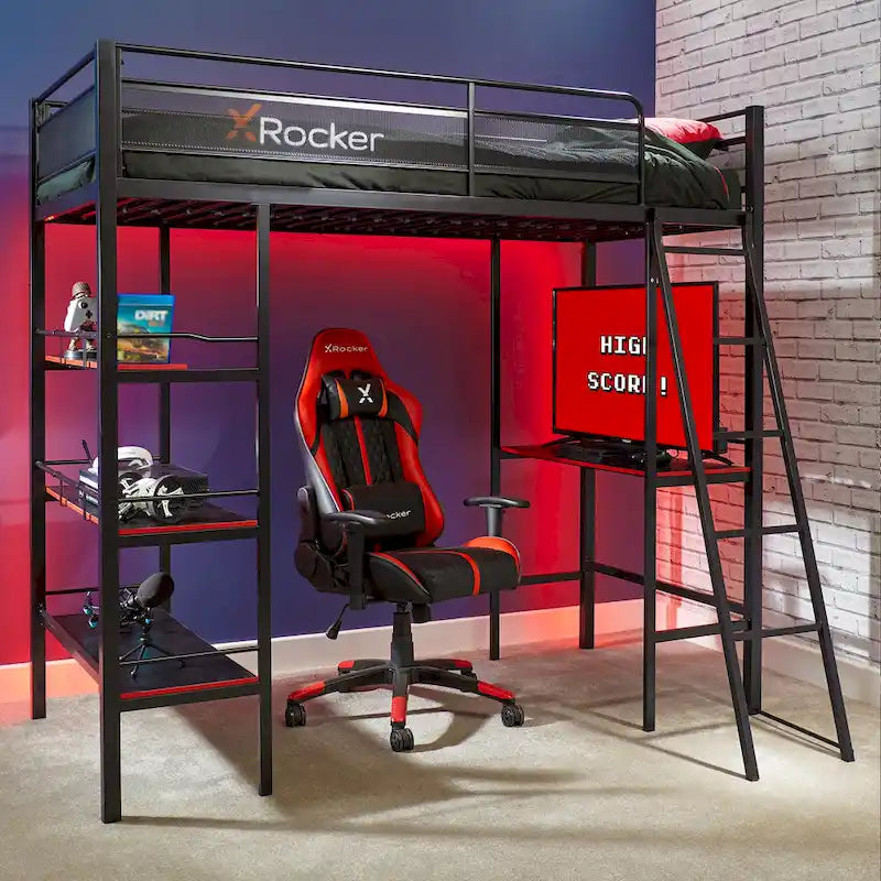 X Rocker Fortress Black Gaming Bunk w/ Built-in Desk and Shelves