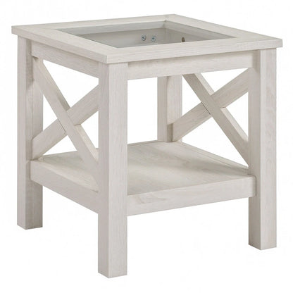 HOMCOM Traditional End Table with Wood Frame, Tempered Glass Tabletop and Underneath Storage Shelf, White Oak