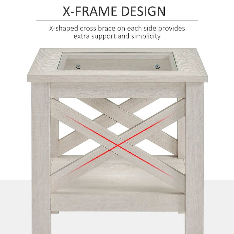 HOMCOM Traditional End Table with Wood Frame, Tempered Glass Tabletop and Underneath Storage Shelf, White Oak