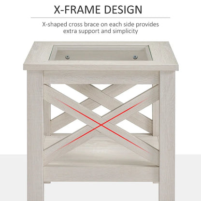 HOMCOM Traditional End Table with Wood Frame, Tempered Glass Tabletop and Underneath Storage Shelf, White Oak