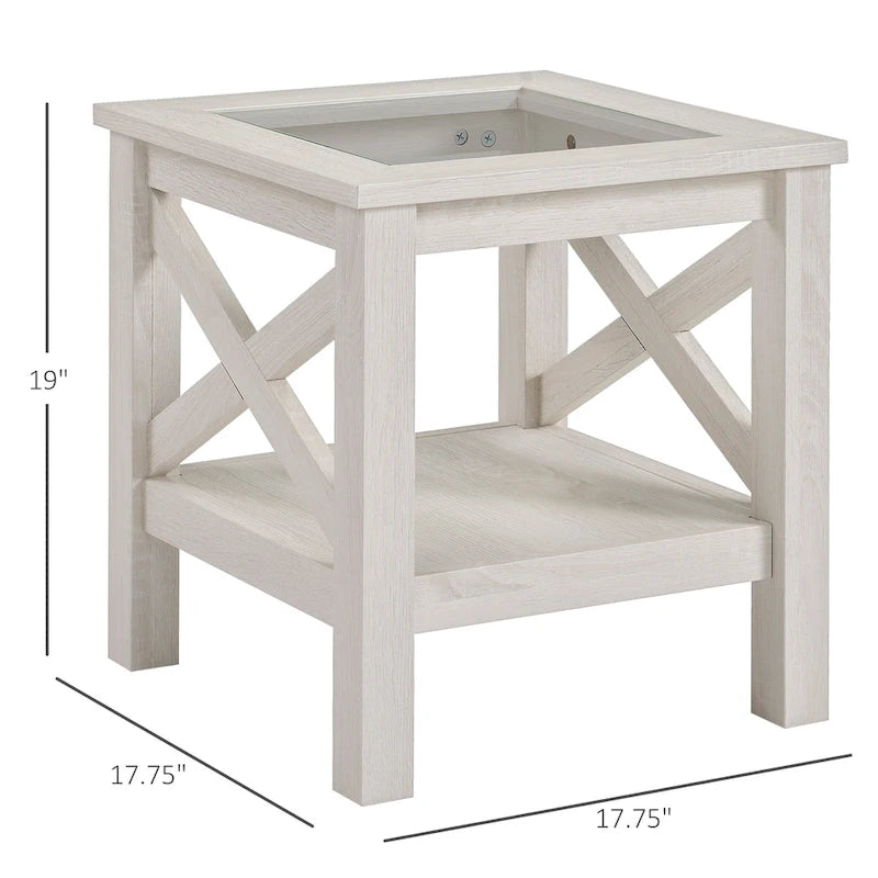 HOMCOM Traditional End Table with Wood Frame, Tempered Glass Tabletop and Underneath Storage Shelf, White Oak