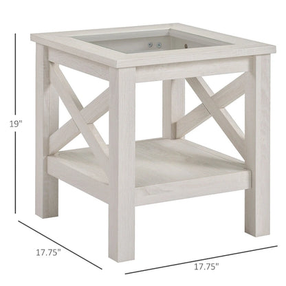 HOMCOM Traditional End Table with Wood Frame, Tempered Glass Tabletop and Underneath Storage Shelf, White Oak