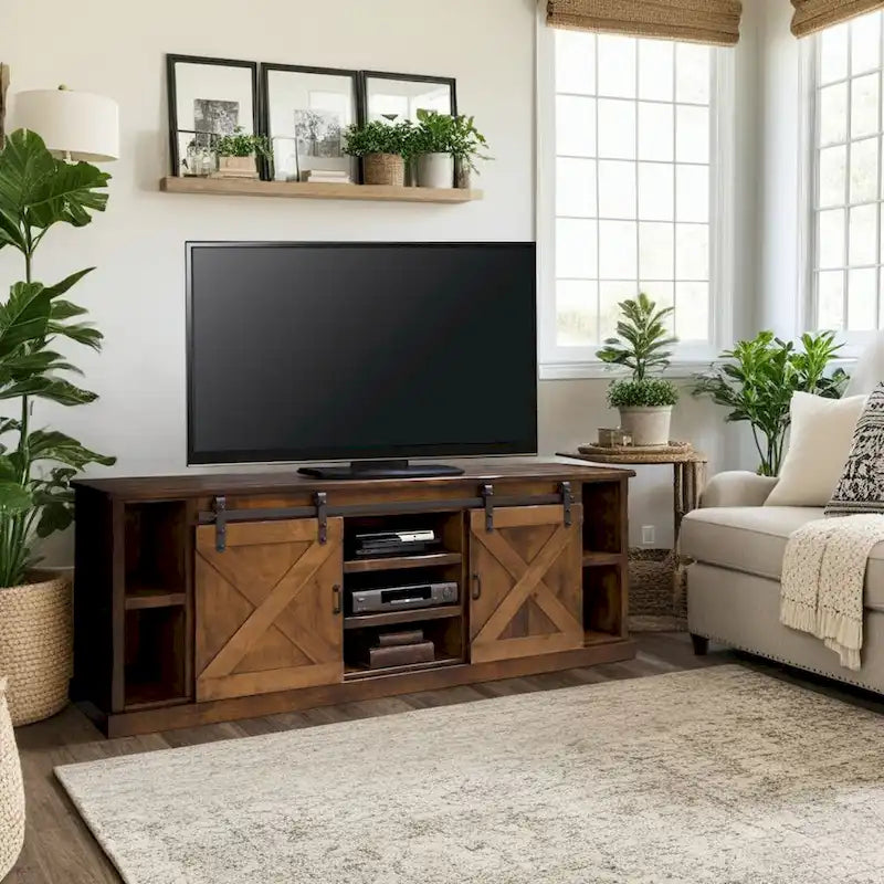  Farmhouse 85 inch TV Stand Console for TVs up to 95 inches, No Assembly Required, Aged Whiskey Finish