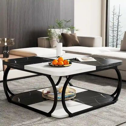 39 Inche 2-Tier Square Coffee Table with Metal Frame for Living Room