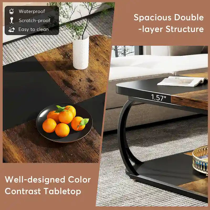 39 Inche 2-Tier Square Coffee Table with Metal Frame for Living Room