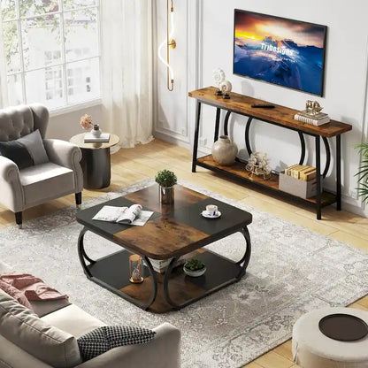 39 Inche 2-Tier Square Coffee Table with Metal Frame for Living Room