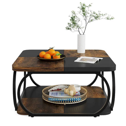 39 Inche 2-Tier Square Coffee Table with Metal Frame for Living Room