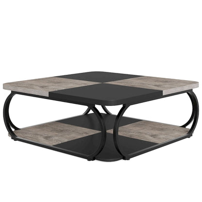 39 Inche 2-Tier Square Coffee Table with Metal Frame for Living Room