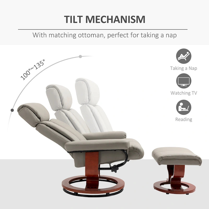 HOMCOM Recliner Chair with Ottoman, 360 Swivel Reclining Chair with Wood Base and Matching Footrest, Black