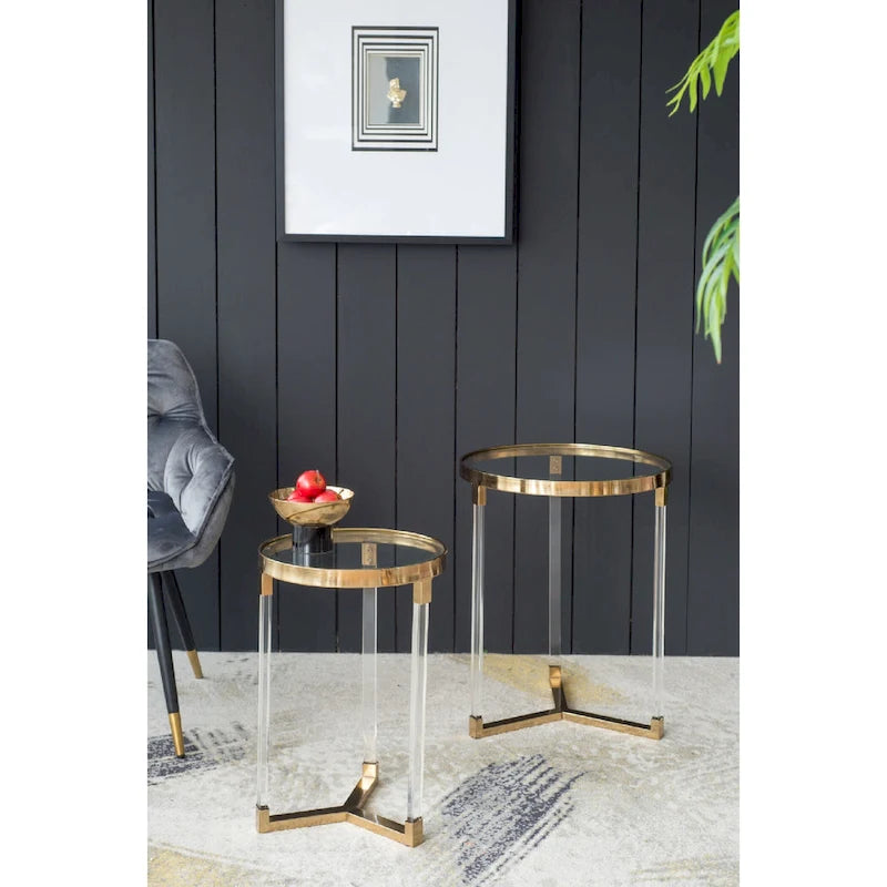 Verrill Acrylic and Iron Round Tables - Set of 2 - Gold Frame - Clear Top