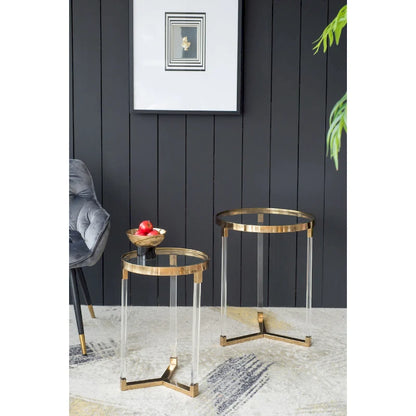 Verrill Acrylic and Iron Round Tables - Set of 2 - Gold Frame - Clear Top