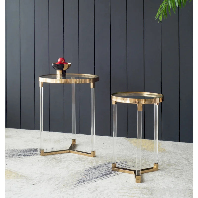 Verrill Acrylic and Iron Round Tables - Set of 2 - Gold Frame - Clear Top