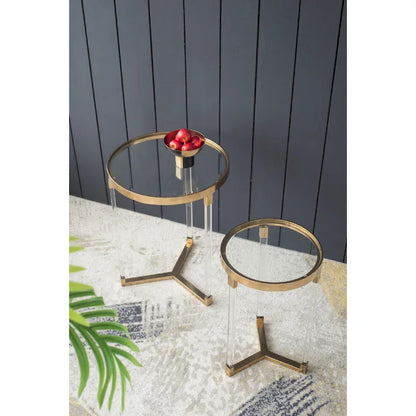 Verrill Acrylic and Iron Round Tables - Set of 2 - Gold Frame - Clear Top