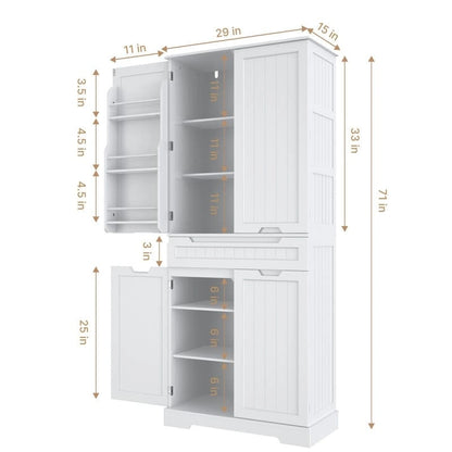 71 Freestanding Modern 4 Doors Kitchen Storage Pantry Cabinet with Shelves and Drawers Tall Kitchen Storage Cabinet Organizer