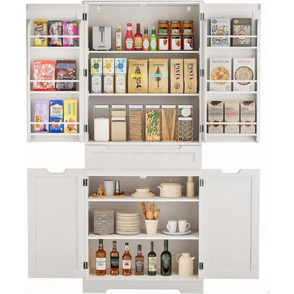 71 Freestanding Modern 4 Doors Kitchen Storage Pantry Cabinet with Shelves and Drawers Tall Kitchen Storage Cabinet Organizer